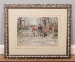 A framed watercolour, hunting scene with comedic text. Signed indistinct. 26cm x 36cm.