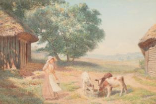 Joseph Kirkpatrick (1872-1936), a gilt framed watercolour, farming scene, titled Feeding The Calves.