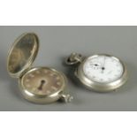A JW Benson white metal stop watch, along with a white metal full hunter pocket watch with braille