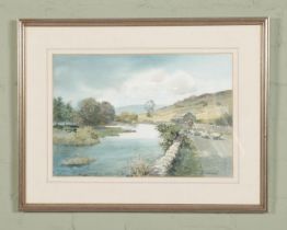 Sam Chadwick (1902-1992) framed watercolour depicting farmer herding sheep alongside a river.