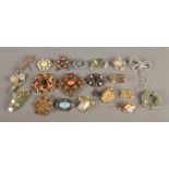 A collection of twenty costume jewellery brooches, to include apple, dragonfly, bow and leaf