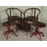 A pair of oak bentwood armchairs along with a bamboo magazine rack and pair of glass top