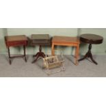 Four occasional tables and a metal paper rack. Includes mahogany drum table, leather top