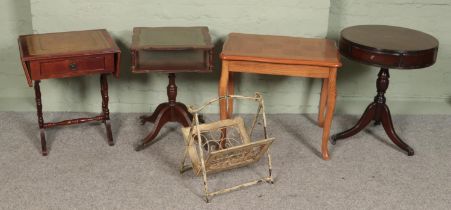 Four occasional tables and a metal paper rack. Includes mahogany drum table, leather top