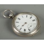 A silver pocket watch, movement stamped for Milleret Geneve. Missing one finger. Appears to be