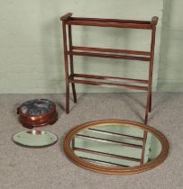 A collection of assorted furniture to include gilt framed mirror, upholstered footstool, towel