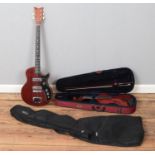 A Kay electric twin pick up guitar (model KJP-2) along with cased student violin with bow.