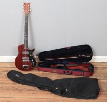 A Kay electric twin pick up guitar (model KJP-2) along with cased student violin with bow.