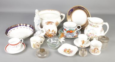 A box of miscellaneous to include Lladro, silver and glass match strike, Solian Ware, Sadler, art