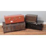 A collection of vintage trunks and suitcases, to include wooden bound trunk and 1964 military