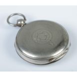 A white metal full hunter pocket watch, with engine turned engraving and Roman Numeral dial.
