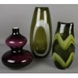 Three coloured art glass vases. Includes double gourd example, etc.
