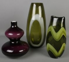 Three coloured art glass vases. Includes double gourd example, etc.