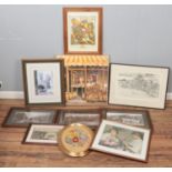 A quantity of pictures and prints. Includes local interest, Mexborough, framed floral tapestry,