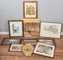 A quantity of pictures and prints. Includes local interest, Mexborough, framed floral tapestry,