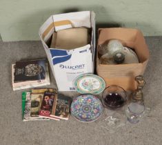Two boxes of miscellaneous to include pair of Royal Doulton D4551 pattern plates, assorted linen,