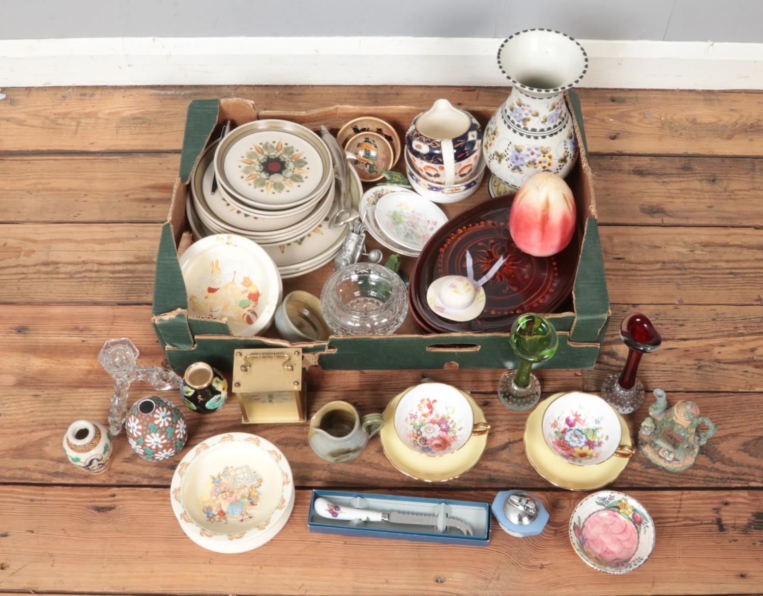 A box of miscellaneous. Includes Hammersley, Royal Doulton Bunnykins, Danish vase, Langley