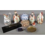A quantity of orientalwares. Includes Satsuma lidded jar, blue & white sphere, figures, etc.