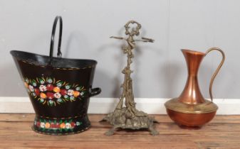 Three pieces of decorative metalware, to include Barge ware coal scuttle and large copper and