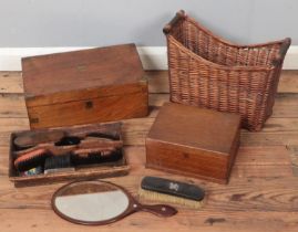 A quantity of woodenwares. Includes boxes, mirror, brushes, etc.