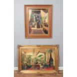 Two large framed prints, interior scenes, one by Jessica Hayllar. Largest 60cm x 90cm.