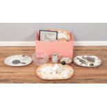 One box of assorted miscellaneous, top include silver mounted dressing table items, Brownfield and