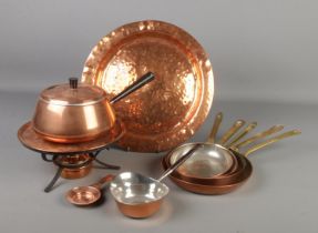 A quantity of copper items. Includes Spring Culinox fondue set, Lombard dish etc.