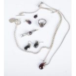 A quantity of silver and white metal jewellery. Includes blue john set brooch, necklace with heart