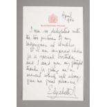 A handwritten letter from HM Queen Elizabeth II with Buckingham Palace letterhead dated April 1986