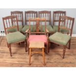 Four upholstered dining chairs along with a similar example and a oak stool.