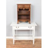 A burr walnut bedside cabinet along with painted console table. Console table: Hx76cm Wx91cm Dx43cm