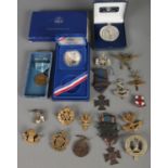 A quantity of badges and medals. Includes RAF, For Zeal For Christ crosses, etc.