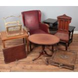 A quantity of furniture. Includes carved mahogany hall chair, Regency style coffee table, wingback