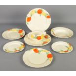 Eight pieces of Clarice Cliff ceramics in the Delecia Citrus pattern. Includes plates, jug, etc. All