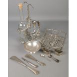 A quantity of mostly silver plate. Includes silver handled shoe horns, James Dixon silver plated bon
