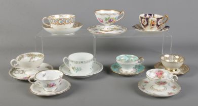Nine cups and saucer sets. To include handpainted, Dresden Floral, Heinrich Fanny Gibler and