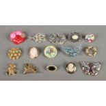 Fifteen costume jewellery brooches, including butterfly, cameo and heart-shaped examples.