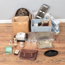 Four boxes of miscellaneous to include Royal Osbourne Caprice part tea service, glassware,