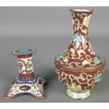 A cloisonnÃ© vase and candlestick decorated with flowers. Vase 14cm.