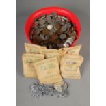 A quantity of pre decimal British coins including old fifty pence pieces, Three pence, One Penny,