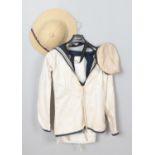 A vintage sailor uniform, including shirt, vest, trousers and cap. Also including pith helmet.