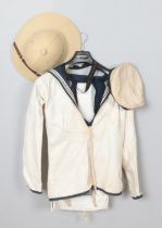 A vintage sailor uniform, including shirt, vest, trousers and cap. Also including pith helmet.