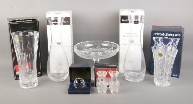 A collection of named glassware, to include Stuart Crystal pedestal bowl, Dartington vase, Rolls