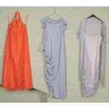 Three dresses. Includes A John Bates for Jean Varon polyester lace dress featuring decorative ruched