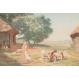 Joseph Kirkpatrick (1872-1936), a gilt framed watercolour, farming scene, titled Feeding The Calves.