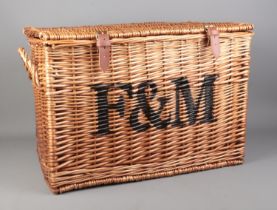 A large Fortnum & Mason picnic hamper basket. Height: 41cm, Width: 58cm, Depth: 41cm.