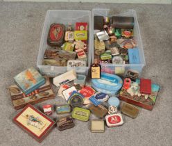 Two boxes of assorted tins, beer mats and bottles. Mainly vintage examples including tobacco tins,