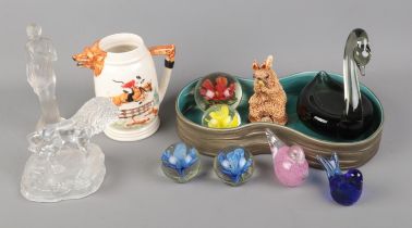 A quantity of ceramics and glass. Includes Beswick dish, art glass animals, paperweights, etc.