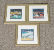 Three framed John Lowrie Morrison (Jolomo) prints depicting Scottish waterfront landscapes, each