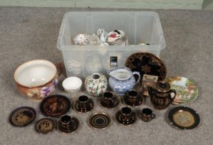 A box of mostly assorted ceramics to include Colclough, oriental tea wares, cut glasses, etc.